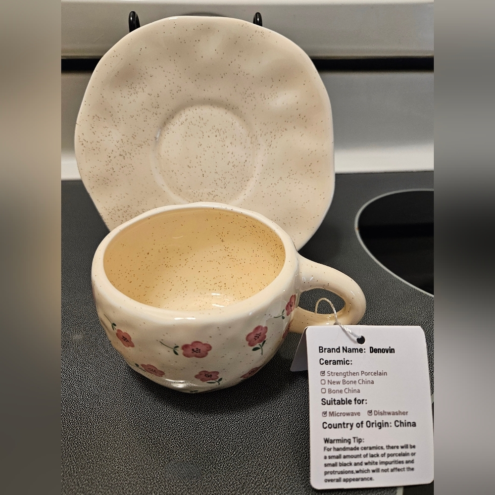New! Cream and Pink Floral Ceramic Cup and Saucer Set